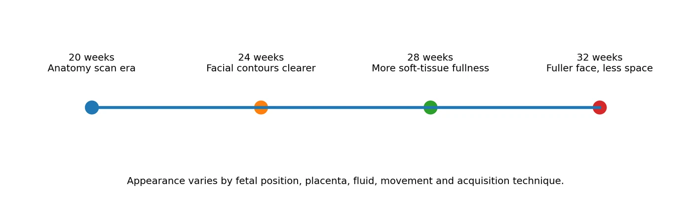 Educational timeline showing that week of pregnancy does not guarantee a clear 3D face. Educational illustration; not a diagnostic ultrasound image.
