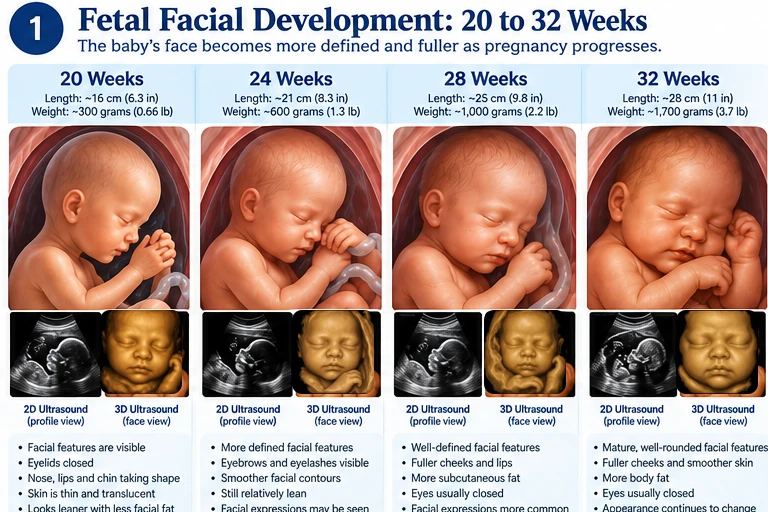 Educational comparison of fetal facial change from 20 to 32 weeks, with 2D profile views and sepia 3D ultrasound surface renderings. Educational illustration; not a diagnostic ultrasound image.
