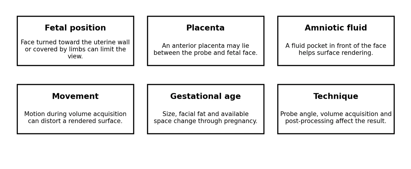Educational schematic of factors that change how a face looks on ultrasound. Educational illustration; not a diagnostic ultrasound image.