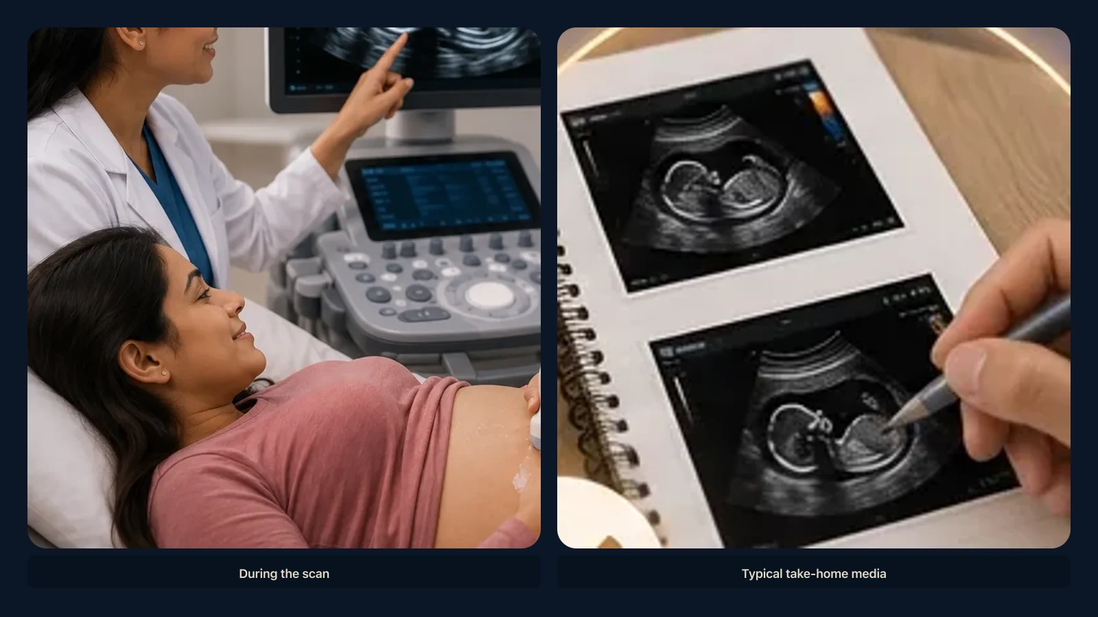 Educational illustration of typical ultrasound take-homes: a grainy 2D printout, a statue-like 3D still, and a short 4D clip. Educational illustration; not a diagnostic ultrasound image.