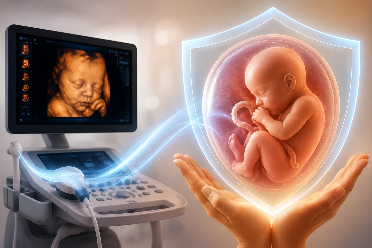 Illustration representing safe, low-energy sound wave imaging during pregnancy
