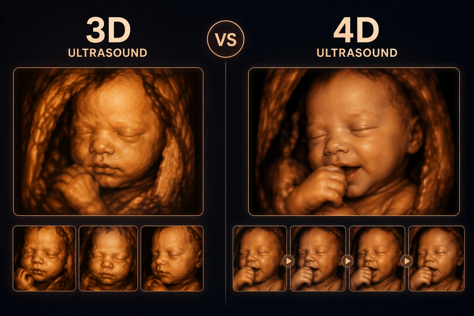 Split illustration showing a static 3D ultrasound frame next to a 4D moving sequence