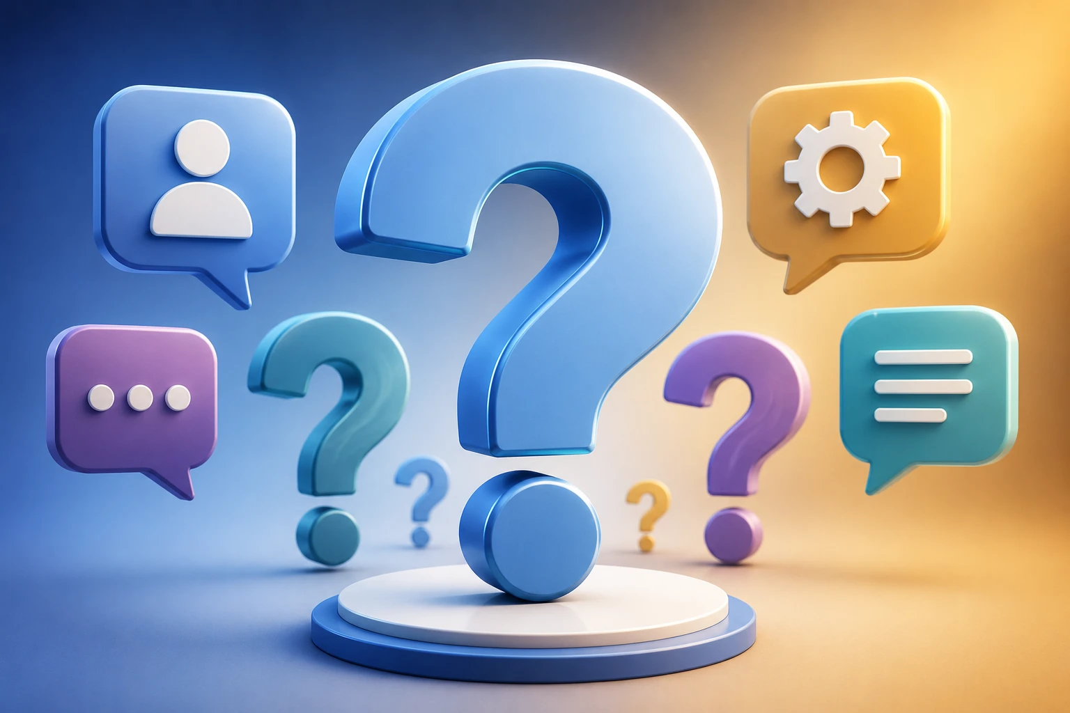 Question mark icon surrounded by imaging and 3D printing related iconography