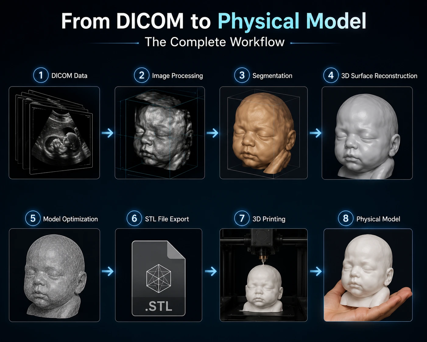 Flowchart illustrating DICOM data moving through segmentation, mesh generation, and 3D printing