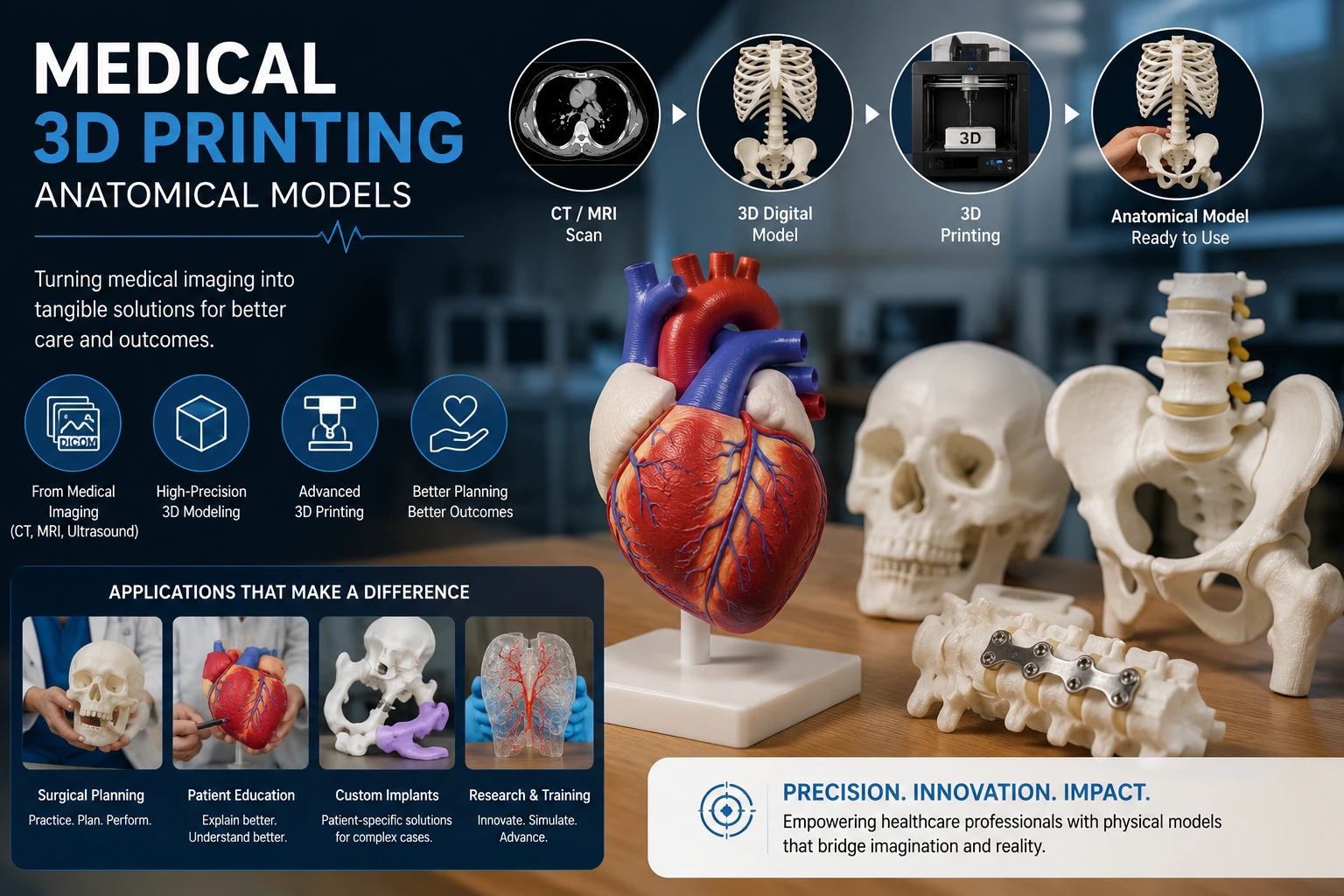 Collage of 3D printed anatomical models including a brain, spine, and vascular structure