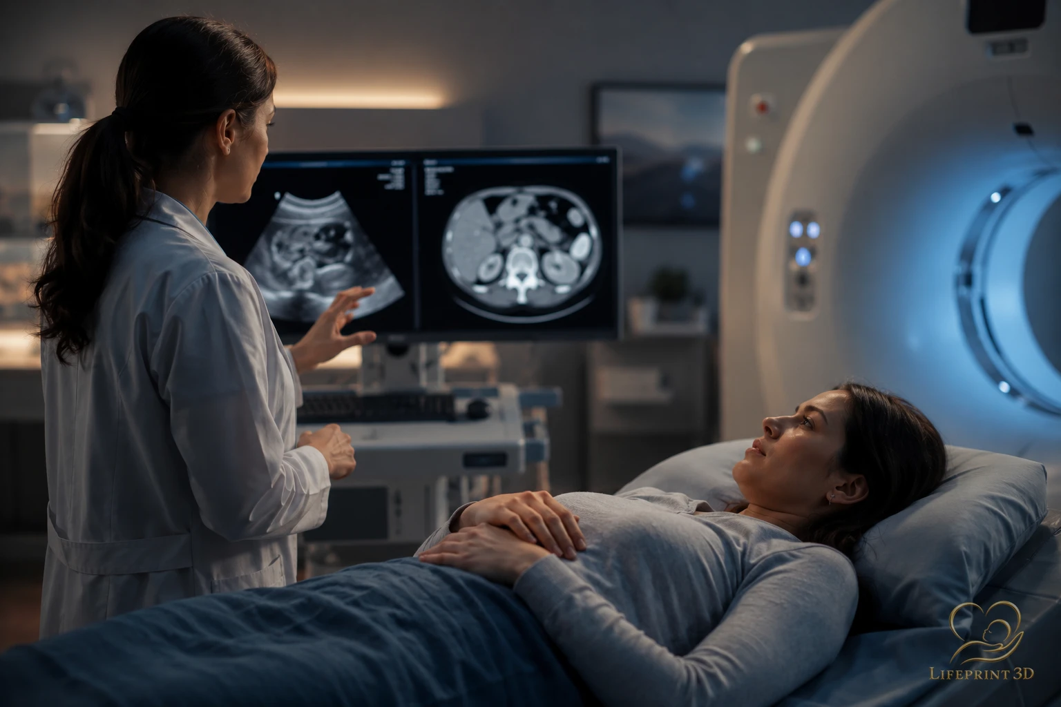 Educational illustration comparing abdominal ultrasound and CT as different imaging pathways.