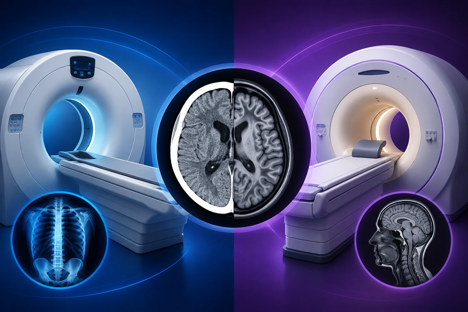 Comparison graphic of CT scanner versus MRI scanner technologies