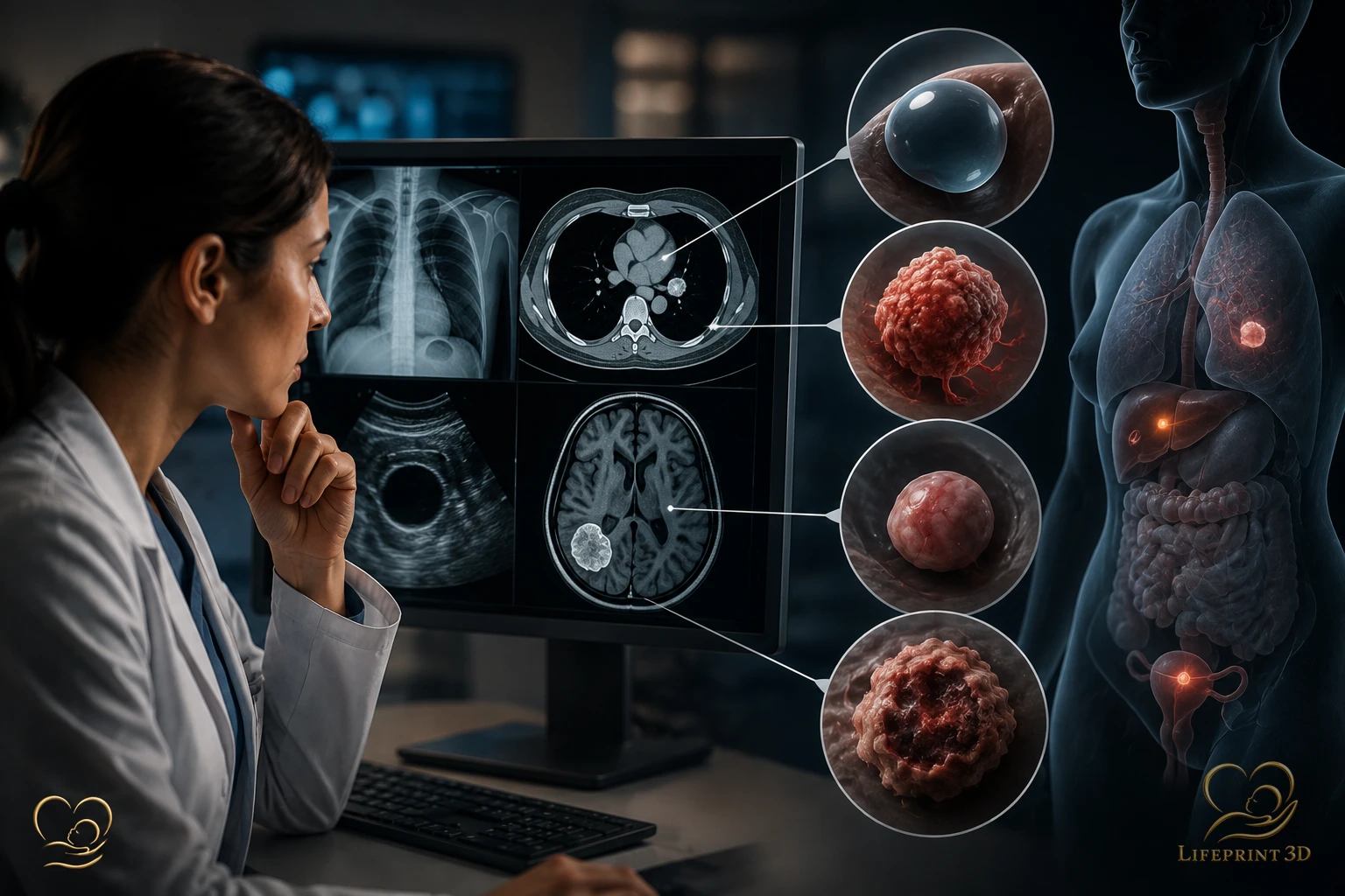 Educational illustration of common radiology vocabulary words such as cyst, mass, nodule, and lesion.