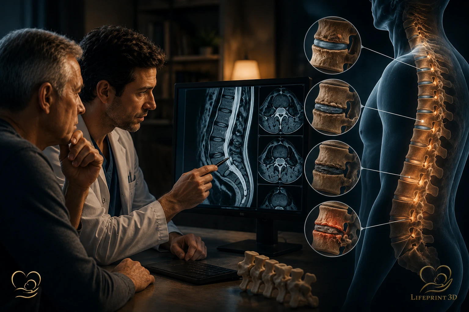 Educational illustration about age-related degenerative findings commonly described on spine imaging.