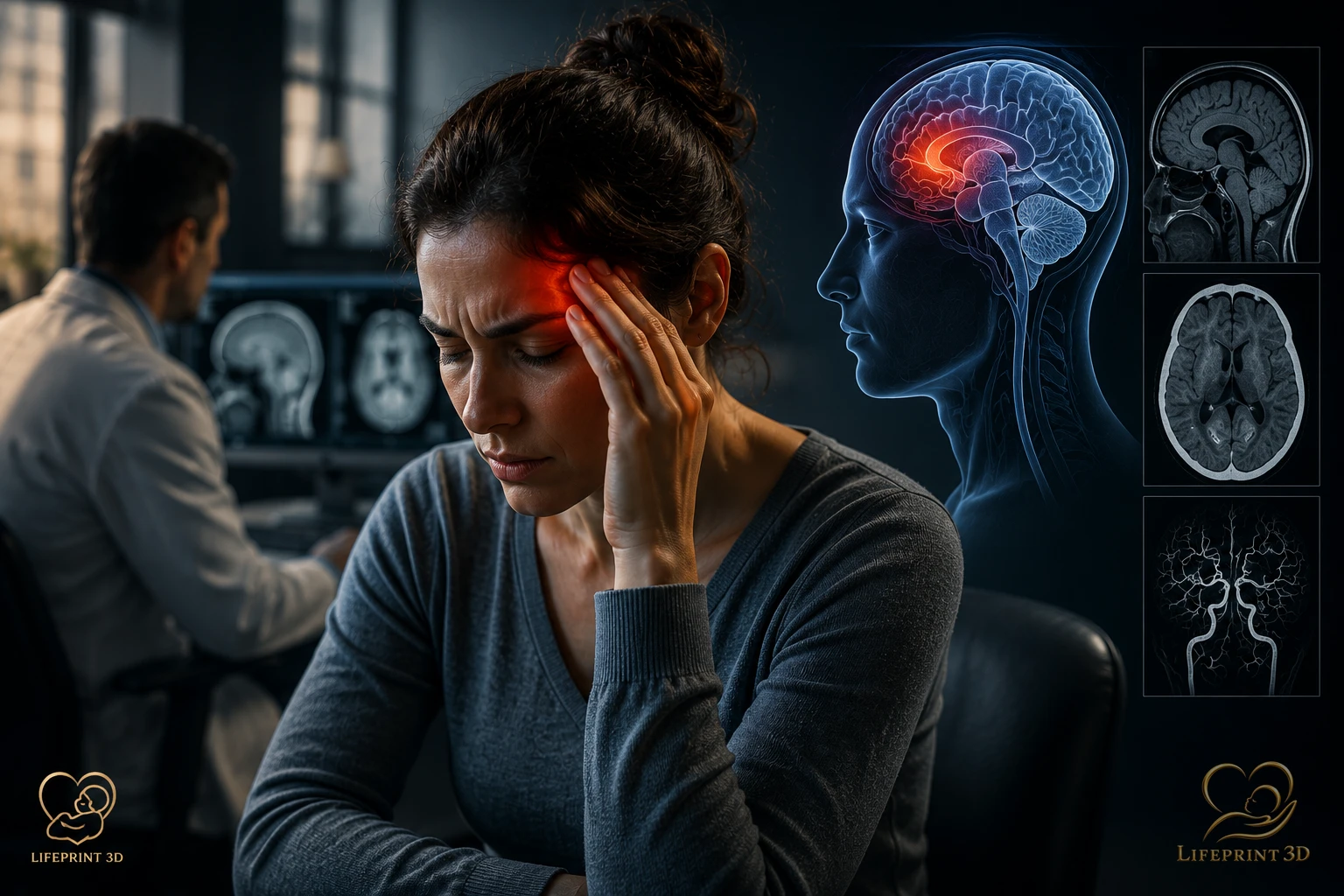 Educational illustration representing headache evaluation and the question of whether brain imaging may be considered.