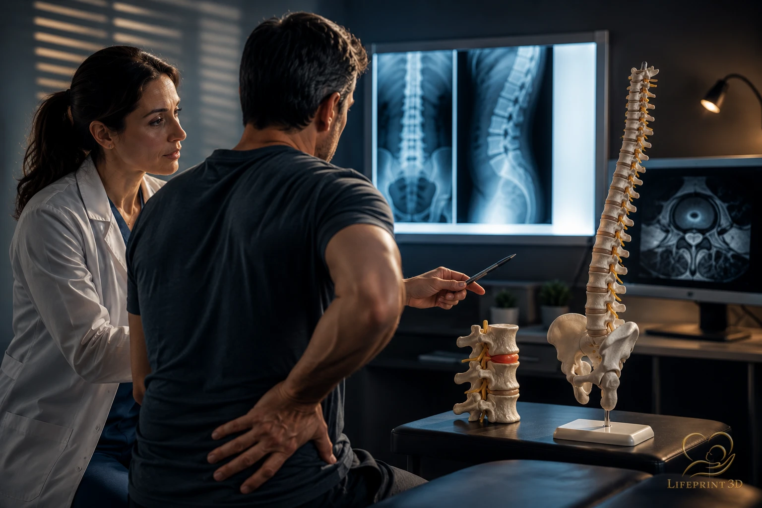Educational illustration about low back pain and the question of whether spine imaging may be considered.