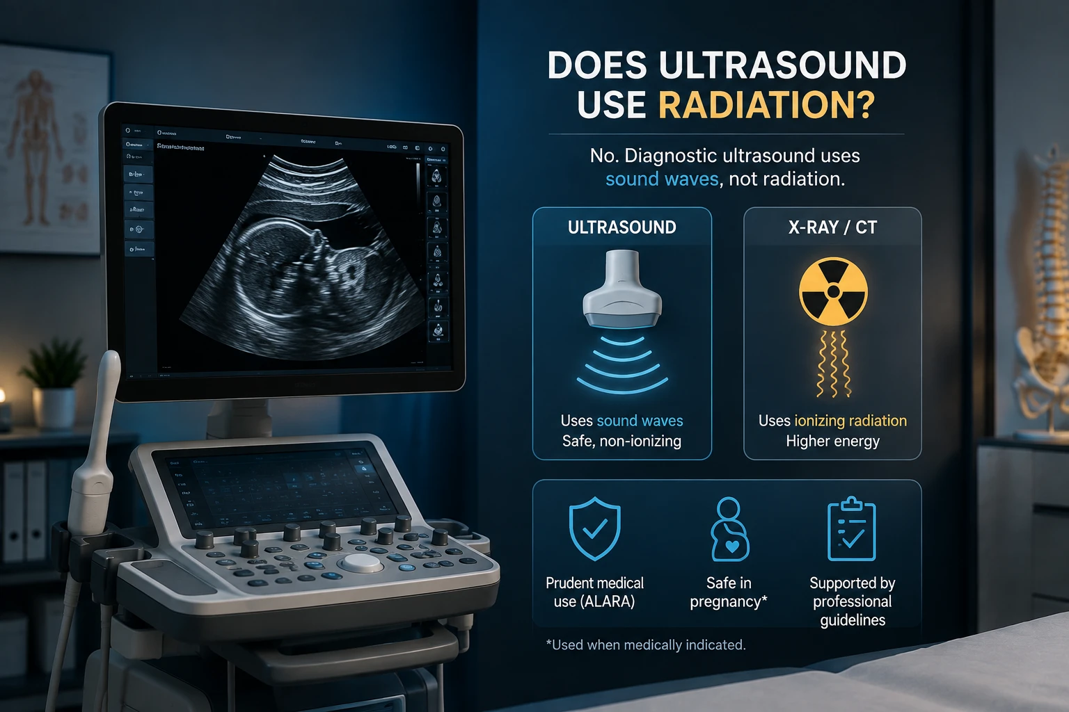 Ultrasound workstation showing a fetal scan beside an infographic explaining that diagnostic ultrasound uses sound waves rather than ionizing radiation.