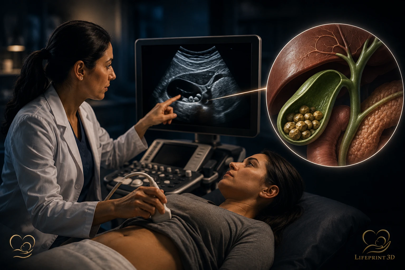 Educational illustration of abdominal ultrasound used to evaluate the gallbladder for stones.