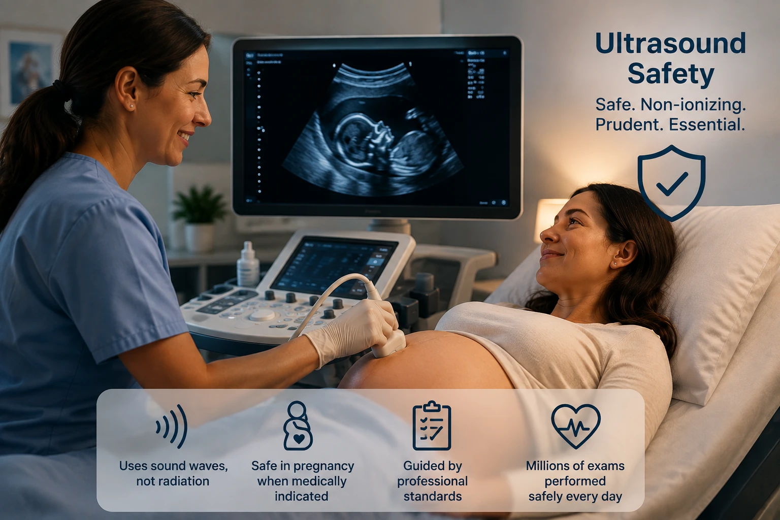 Sonographer scanning a pregnant patient's abdomen with icons summarizing prudent ultrasound use, non-ionizing energy, and professional safety standards.