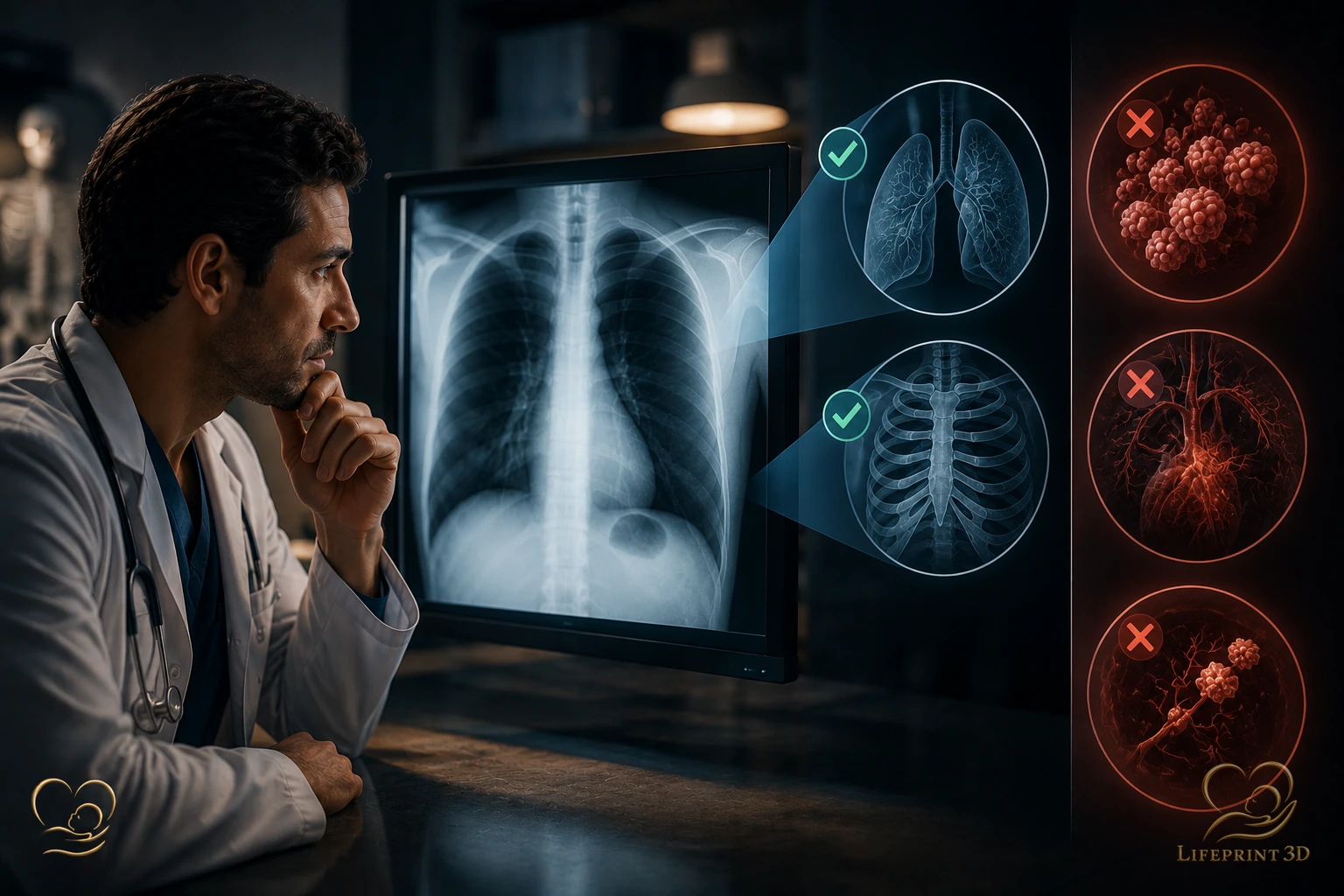 Educational illustration of a chest X-ray examination and what it is designed to evaluate.