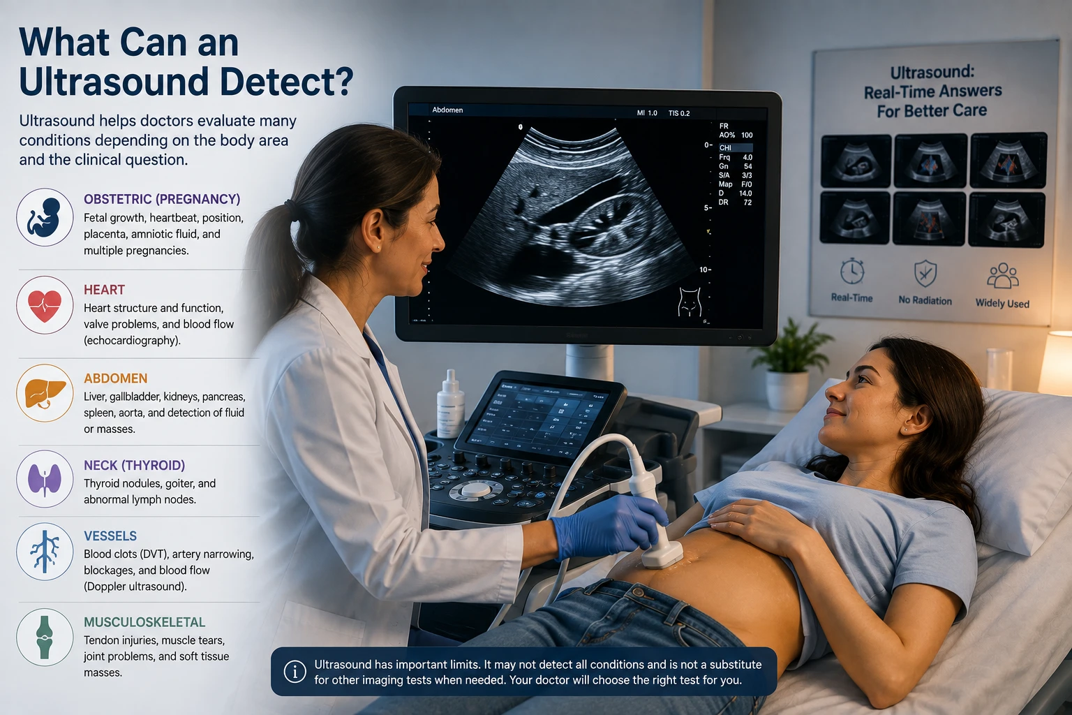 Clinician performing an abdominal ultrasound with a sidebar listing common organ systems and conditions evaluated by ultrasound imaging.