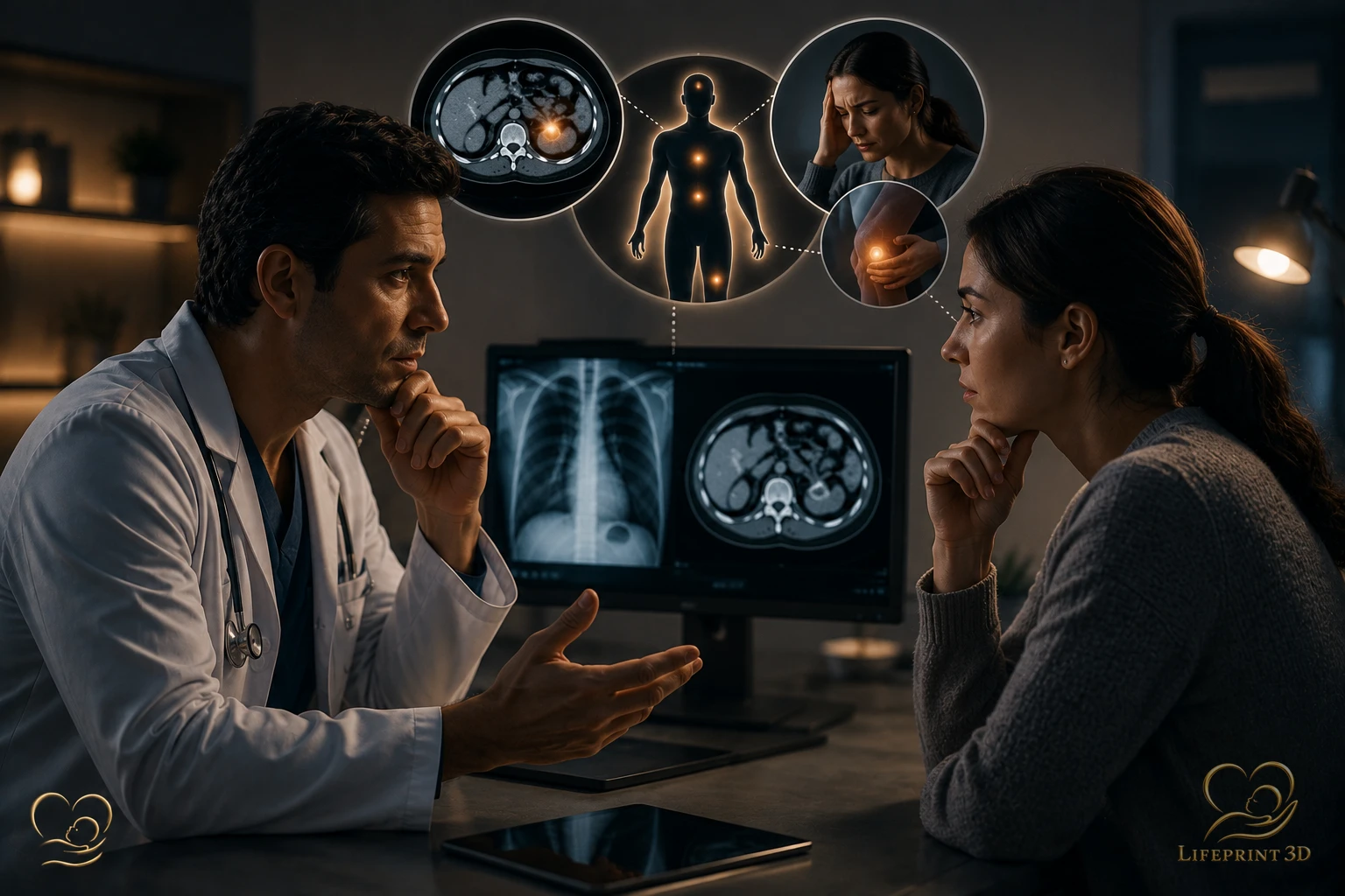 Educational illustration of a clinician comparing a radiology report with a patient’s history and exam.