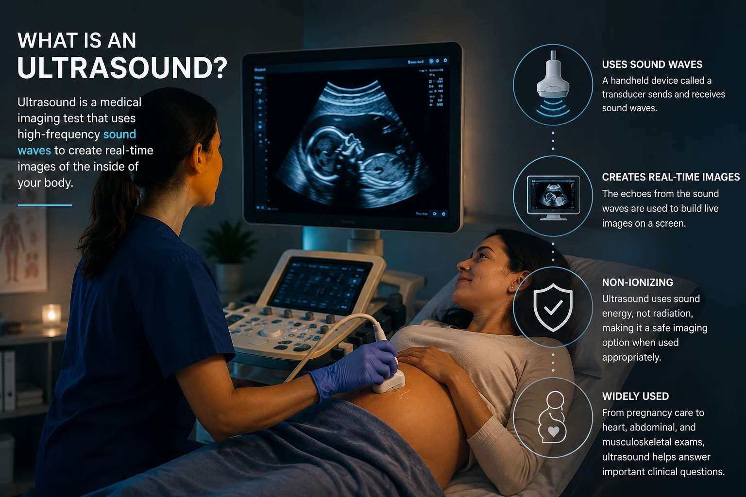 Sonographer performing a diagnostic ultrasound on a patient while a monitor displays the scan, with educational callouts about sound-wave imaging.