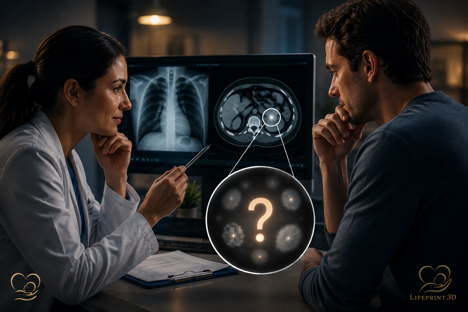 Educational illustration representing ambiguous or nonspecific wording on a radiology report.