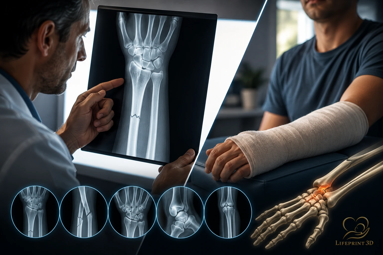 Educational illustration of fracture evaluation beginning with plain radiography.