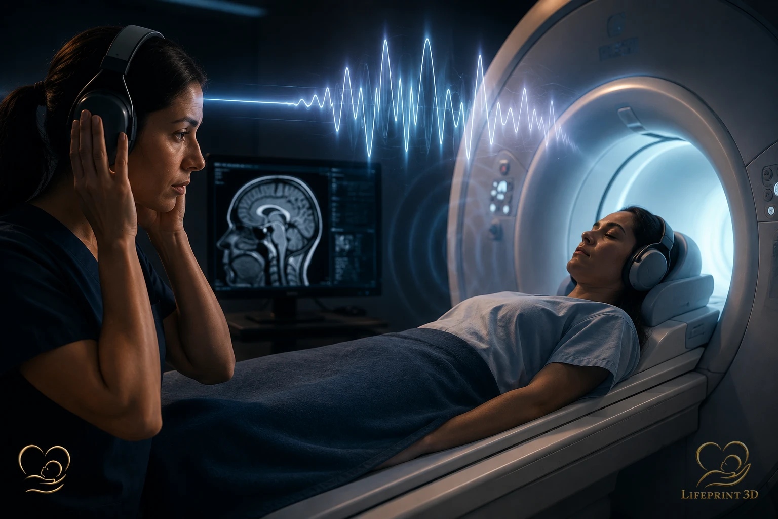 Educational illustration representing loud gradient-coil sounds during an MRI examination.