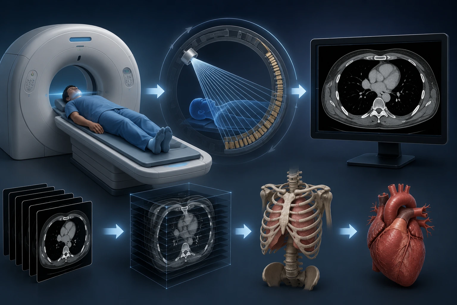 Illustration of a CT scanner ring rotating around a patient with X-ray beams