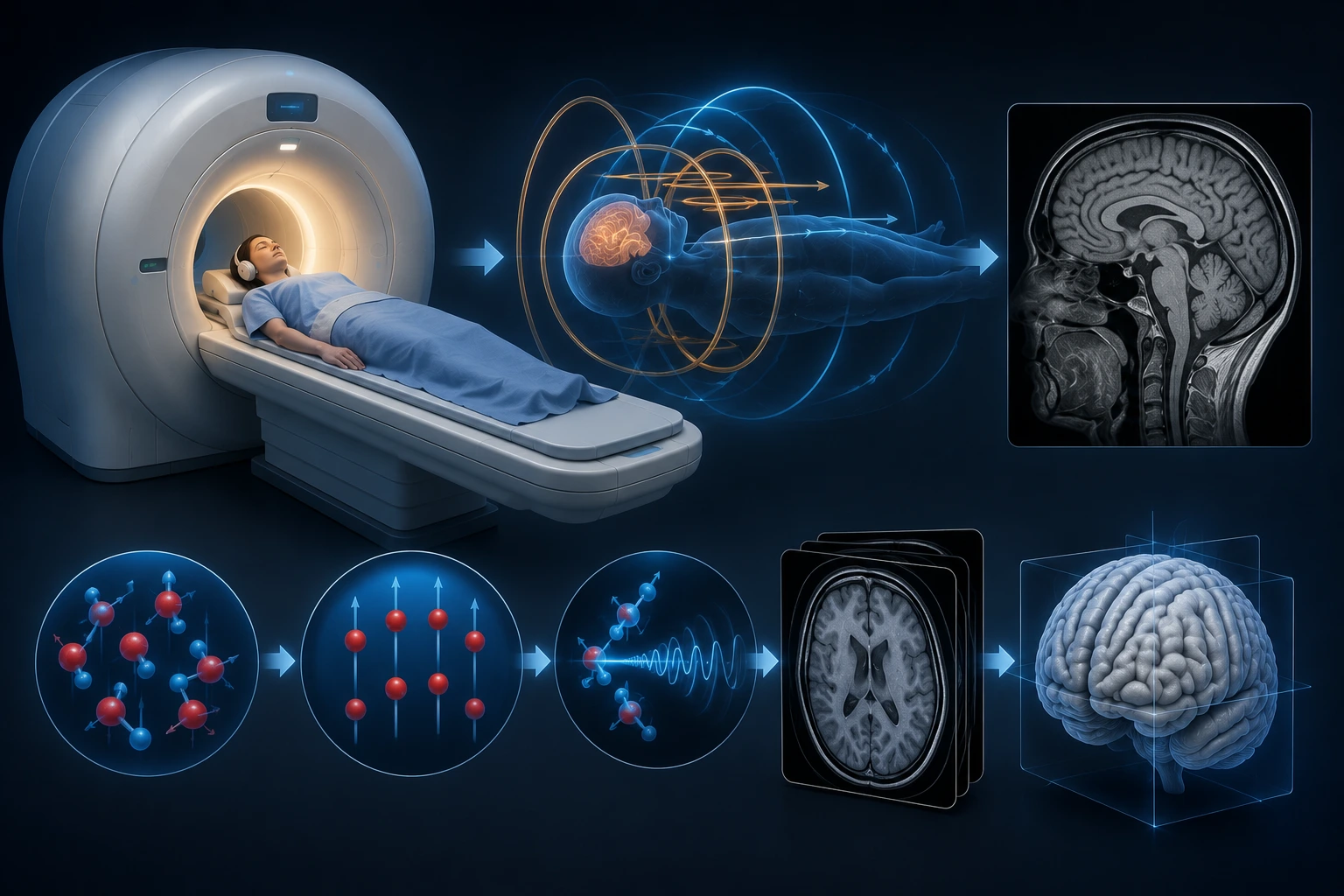 Illustration of an MRI scanner with magnetic field lines around a patient