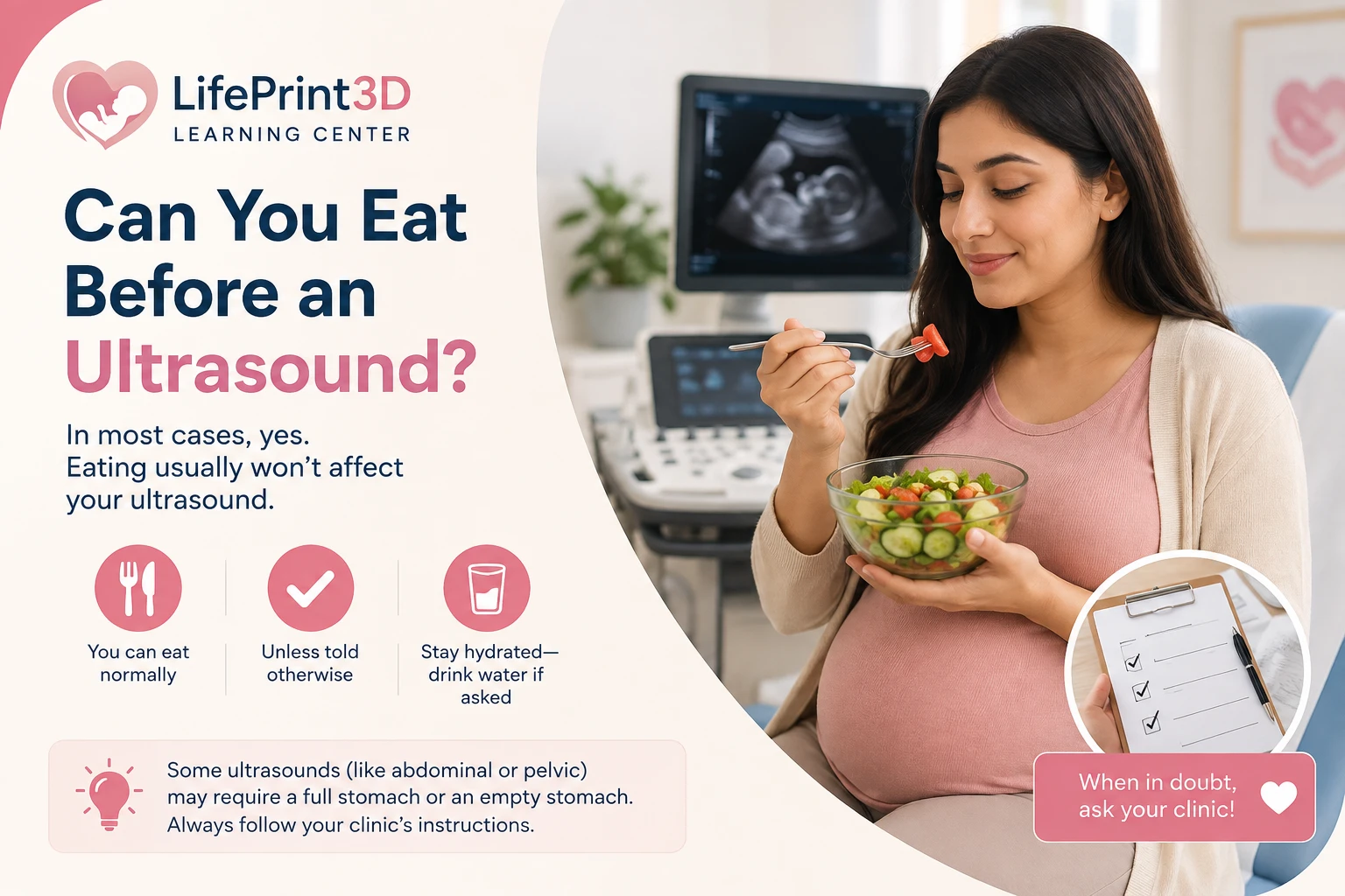 Pregnant patient eating a meal in an ultrasound exam room with equipment visible, illustrating preparation guidance for ultrasound appointments.