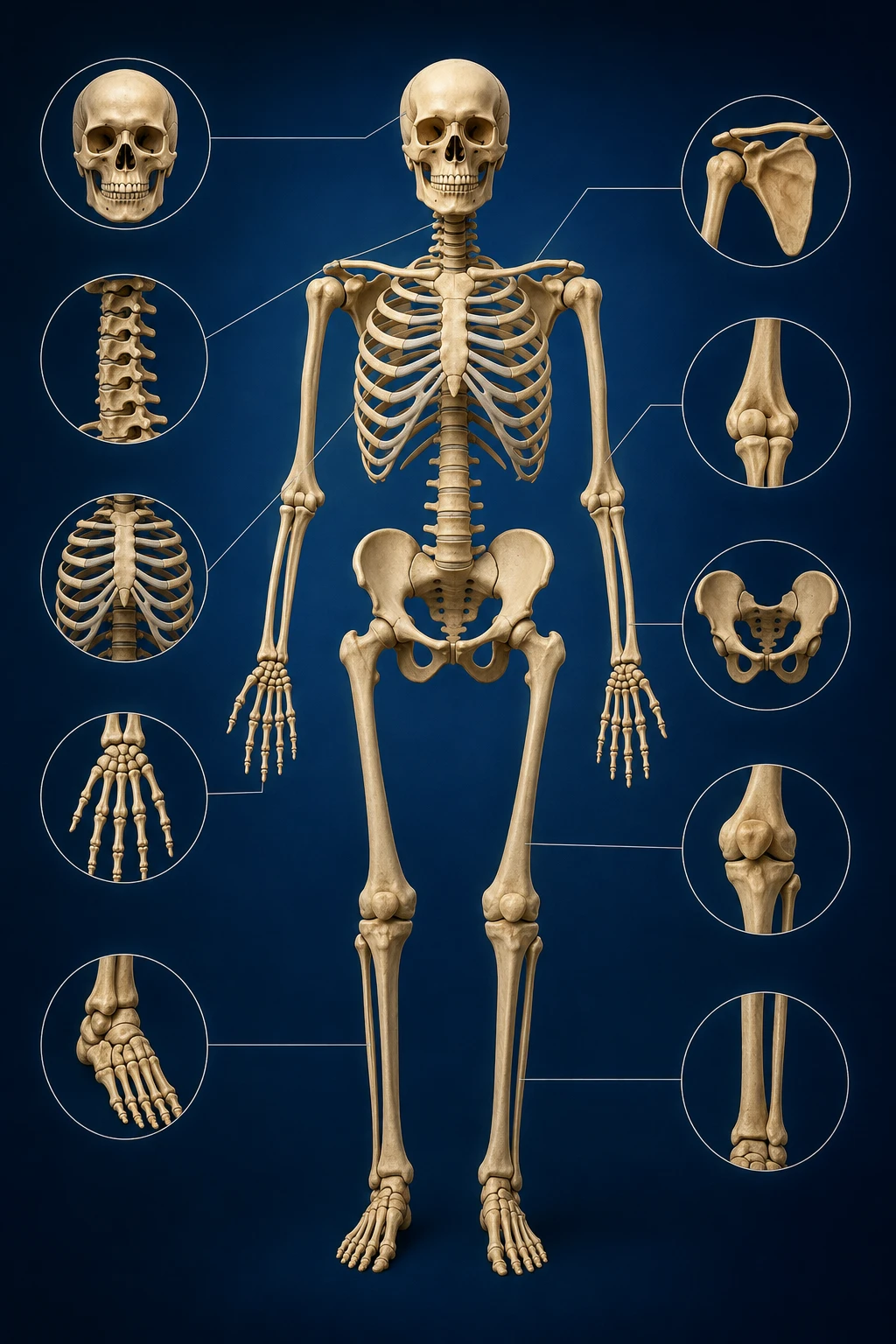 Full-body skeleton diagram highlighting 206 adult bones