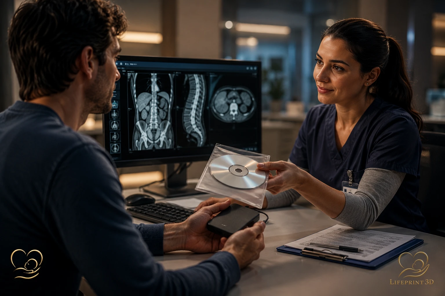 Educational illustration of a patient requesting a copy of a medical imaging study from a hospital records or imaging department.