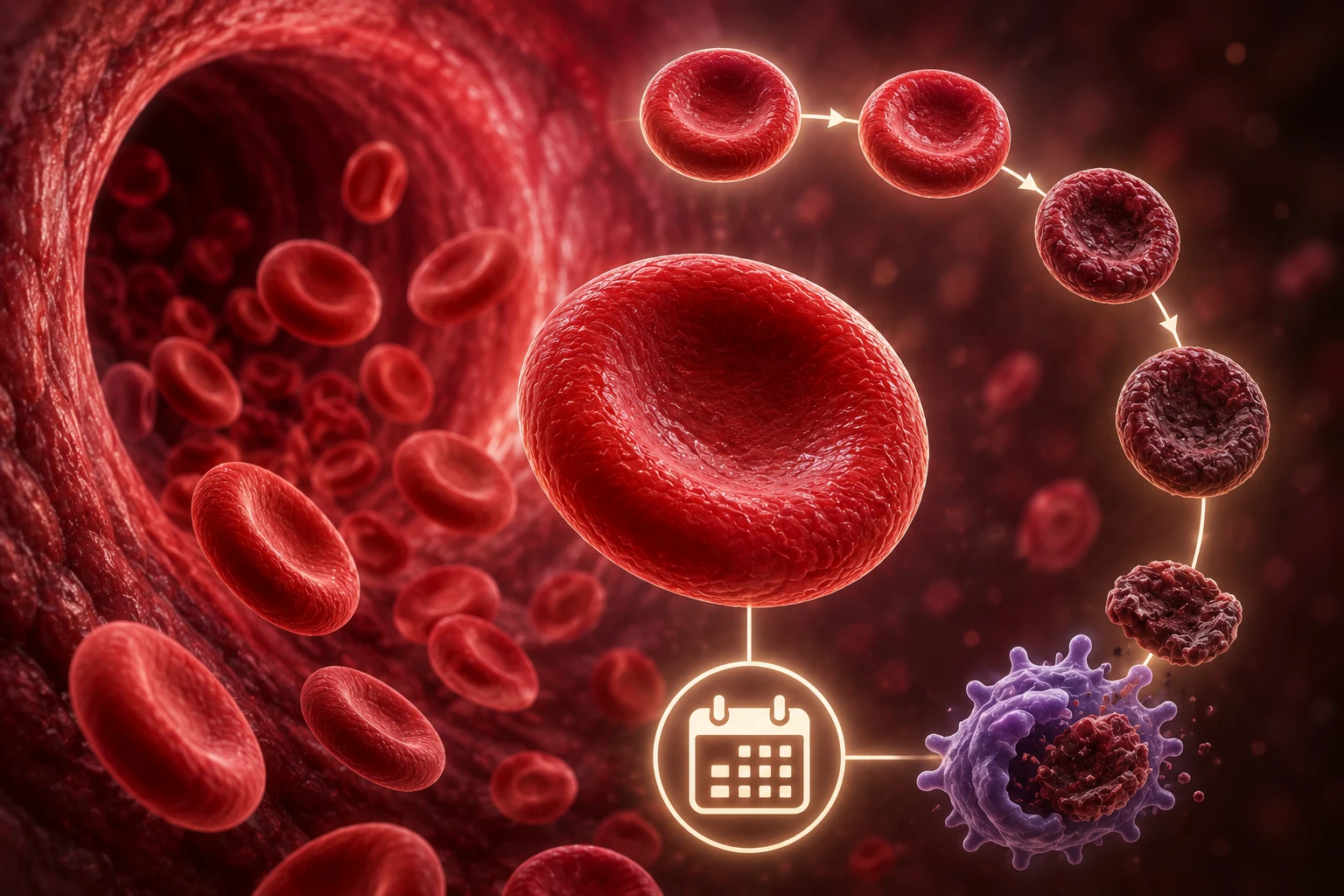 Illustration of red blood cells circulating through vessels with lifespan callout