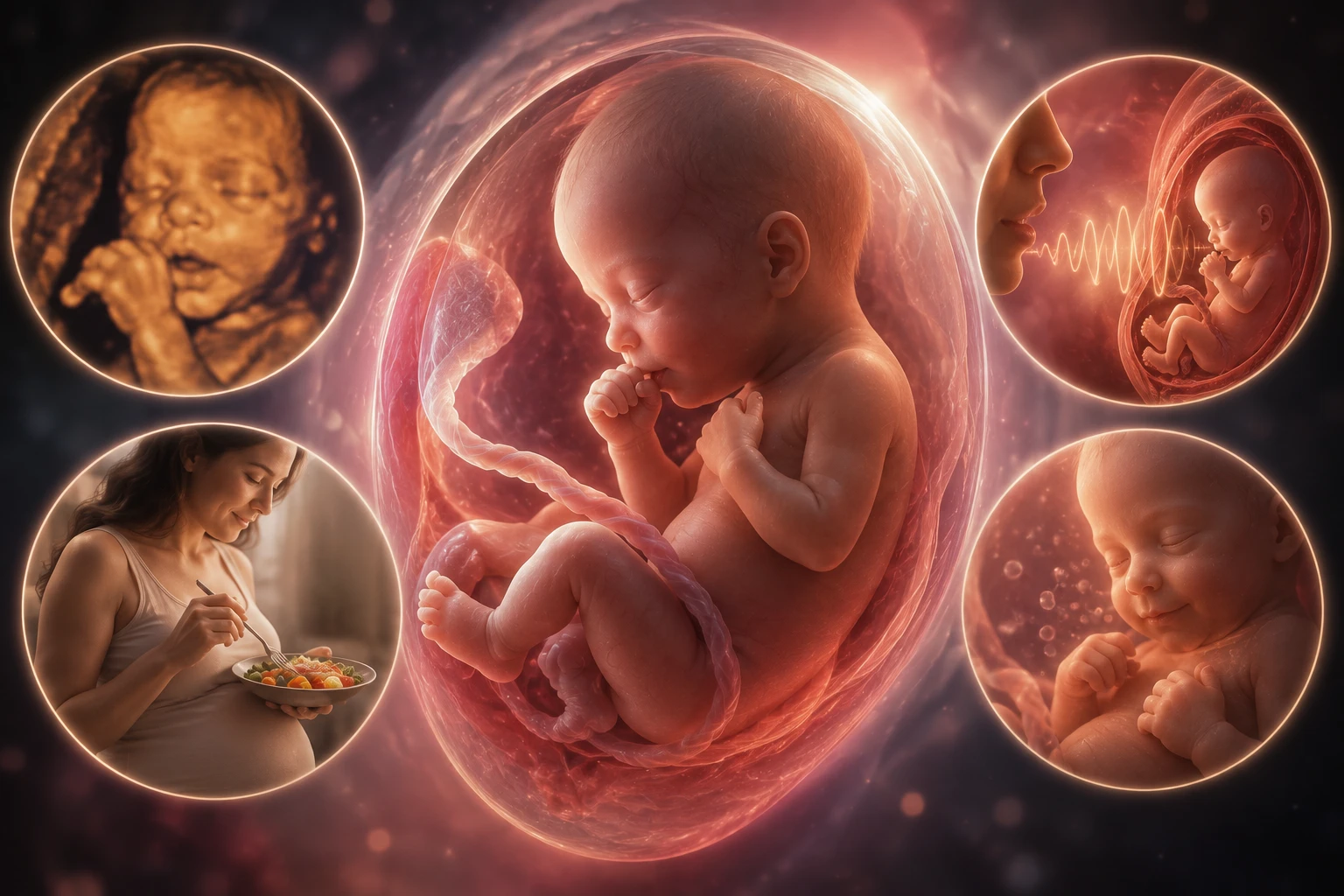 Educational graphic summarizing fetal behaviors such as hiccups and response to sound
