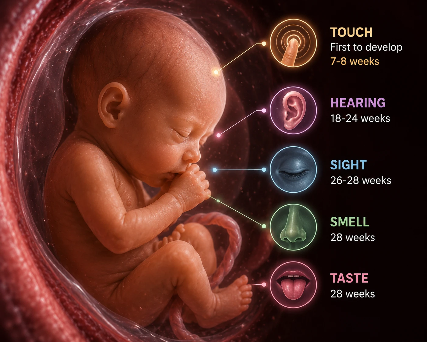 Timeline graphic of fetal sensory development with touch listed first