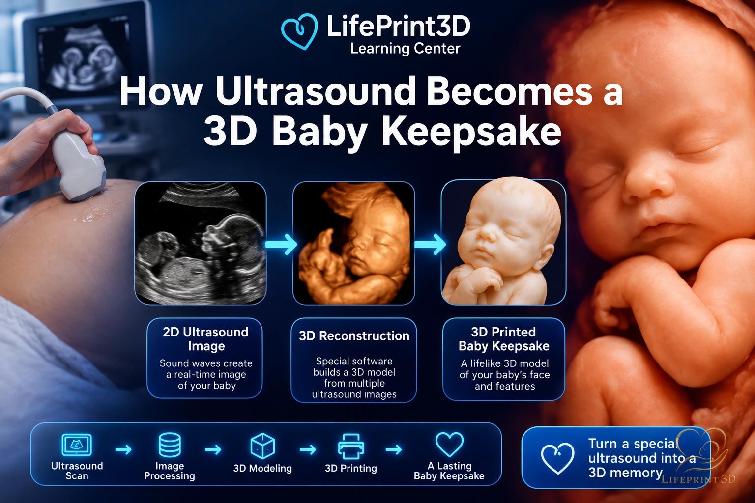 Digital rendering of a fetal ultrasound volume transitioning into a printed 3D keepsake