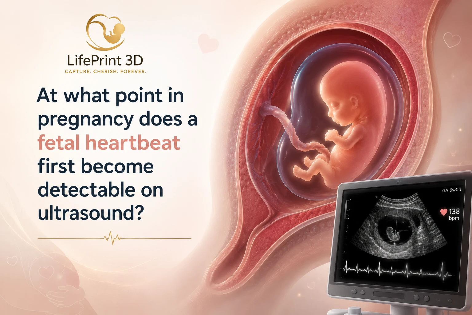 Ultrasound monitor showing early fetal cardiac activity during a medically indicated scan