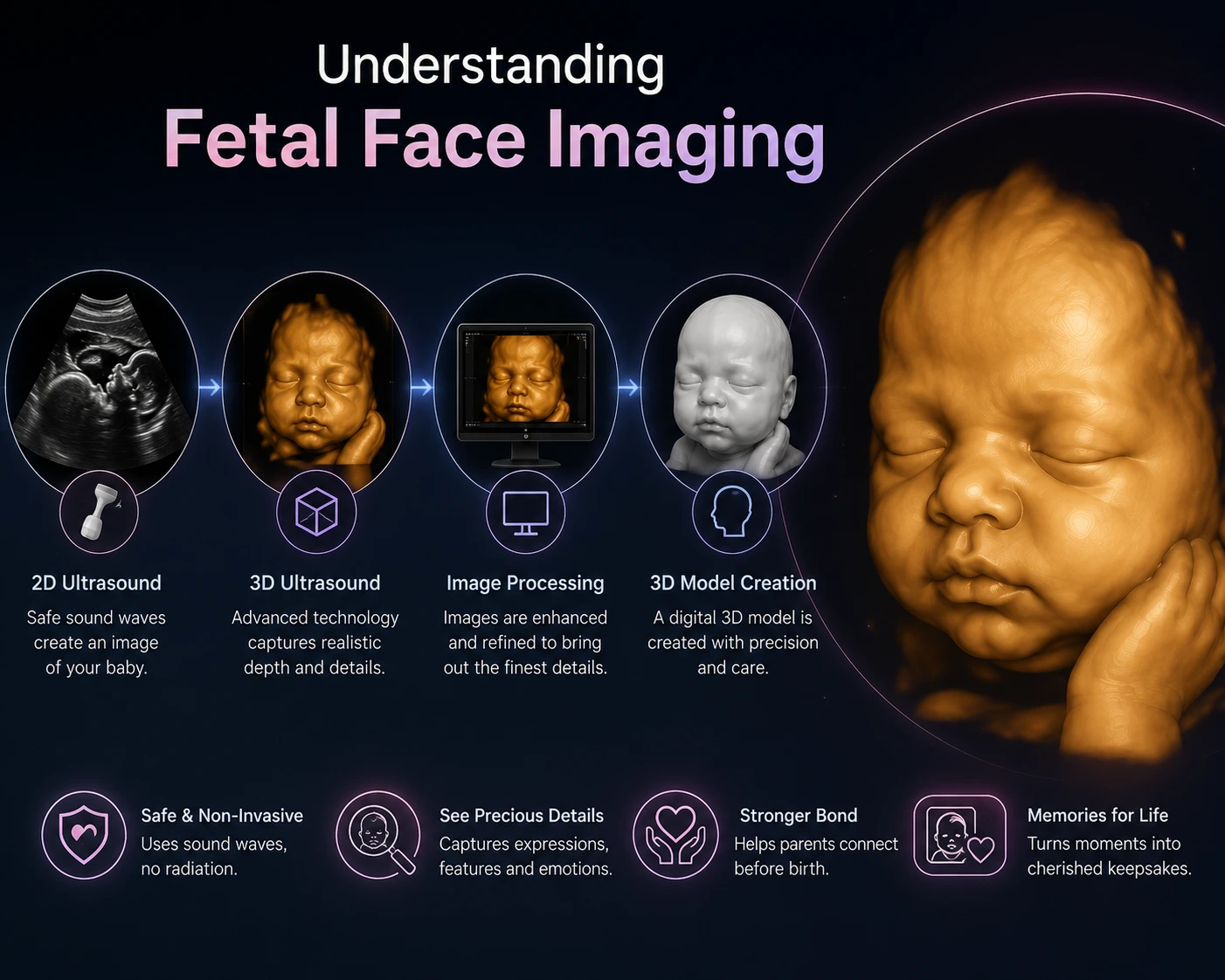 Illustration of ultrasound sound waves capturing a fetal facial profile